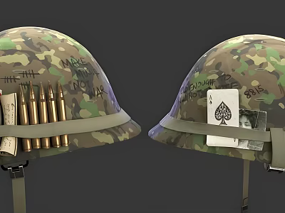 Military Camouflage Helmet with Handwritten Graffiti Bullet Shells and Ace of Spades Card 3d model