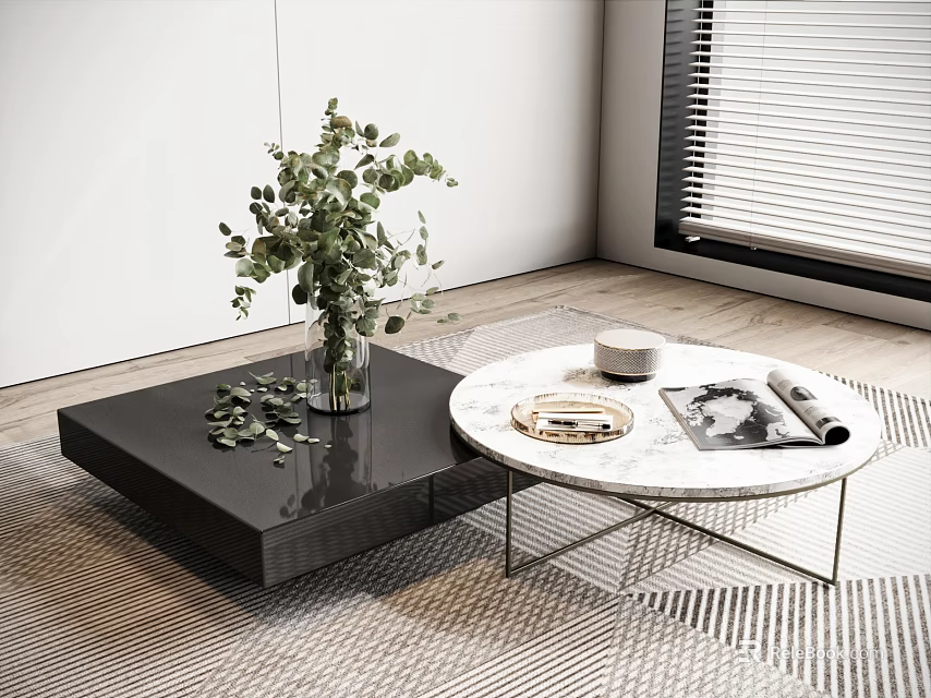 Modern Living Room Coffee Tables Black Square And Marble Round Featuring Green Plant Magazines Tray 3d model 