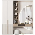 Minimalist Dressing Table with Round Mirror Soft Lighting Bookshelf and Decorative Vase