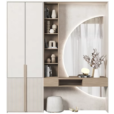 Minimalist Dressing Table with Round Mirror Soft Lighting Bookshelf and Decorative Vase 3d model