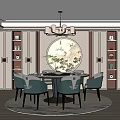 Elegant Traditional Chinese Restaurant Interior With Round Dining Table Teal Chairs Wooden Shelves And Chandelier