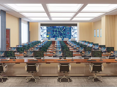 Modern Monitoring Room Interior With Multiple Monitors Control Desks And Ergonomic Chairs 3d model