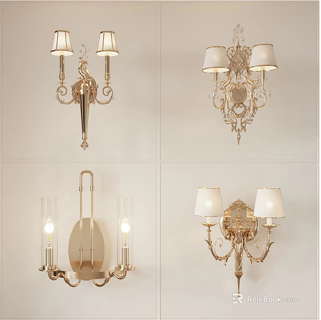 Elegant Ornate Gold Wall Lamps With Decorative Lampshades And Classic Design 3d model 