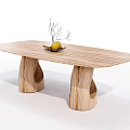 Natural Wooden Dining Table With Curved Legs And Fruit Basket On Wood Grain Top