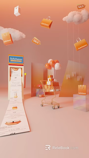 Sulwhasoo Retail Window Display With Shopping Cart Balloons And Gift Boxes 3d model 