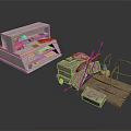 Model Scene Components Featuring Grey Storage Shelves Orange Items Wooden Platform And Metal Frame