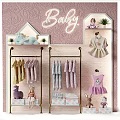 Baby Clothing Display Shelves With Hanging Outfits Plush Toys And Decorative Plants