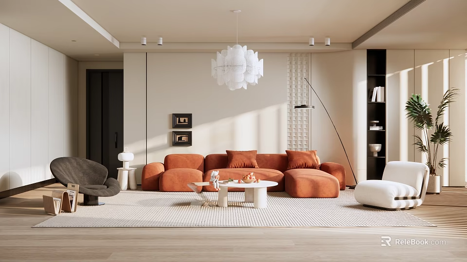 Modern Living Room Interior With Orange Sofa White Chandelier Floor Lamp And Area Rug 3d model 