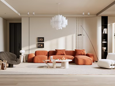 Modern Living Room Interior With Orange Sofa White Chandelier Floor Lamp And Area Rug 3d model