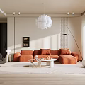 Modern Living Room Interior With Orange Sofa White Chandelier Floor Lamp And Area Rug