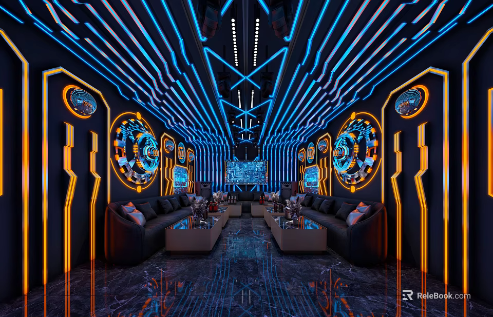 Modern KTV Interior Design With Neon Lights Leather Sofas And Mirrored Floors 3d model 