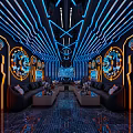Modern KTV Interior Design With Neon Lights Leather Sofas And Mirrored Floors