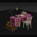 Wooden Office Chair With Wooden Desk Table Lamp Books Notebook And Storage Trunk