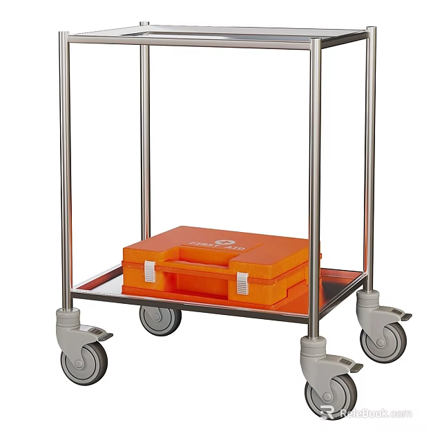 Metal Utility Cart With Orange Box On Shelf And Swivel Wheels 3d model 