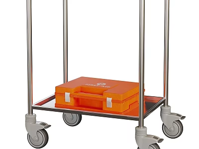 Metal Utility Cart With Orange Box On Shelf And Swivel Wheels 3d model