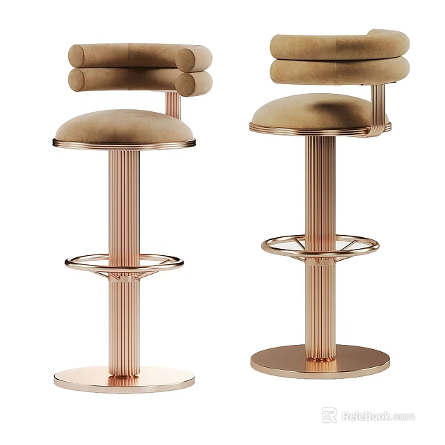 Modern Velvet Padded Stools With Gold Metal Frame Round Base And Footrest Design 3d model 