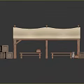 Outdoor Wooden Canopy Structure With Benches Clay Pots And Wooden Boxes
