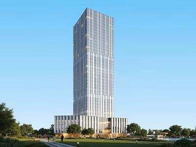 Modern Hotel Building With Tall Glass Facade Surrounded By Greenery Lawn And Trees 3d model