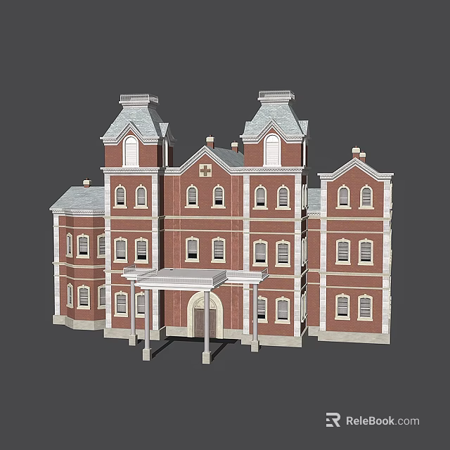 Cartoon Style Red Brick Building With Twin Towers And Front Porch Design 3d model 