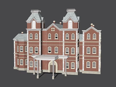 Cartoon Style Red Brick Building With Twin Towers And Front Porch Design 3d model