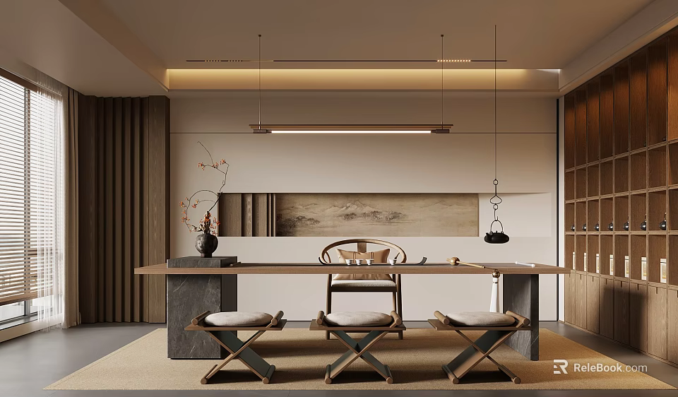 Modern Open Kitchen Interior Design With Island Counter And Cabinets 3d model