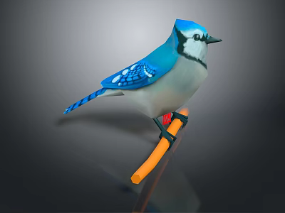 Detailed Blue Jay Bird Sculpture With White Belly And Black Eye Stripe Perched On Branch 3d model