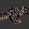 Industrial Metal Platform Structure With Connected Walkways Warning Stripes And Equipment Crates
