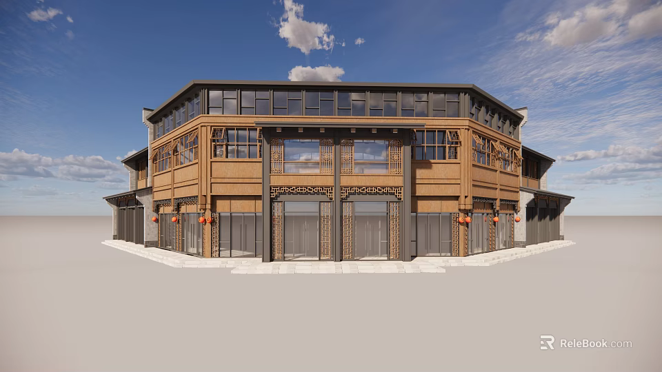 Traditional Wooden Commercial Street With Ornate Windows Red Lanterns And Multi Story Design 3d model 