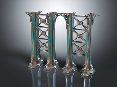Ornate Teal Metallic Architectural Structure With Geometric Lattice Design And Pillars 3d model
