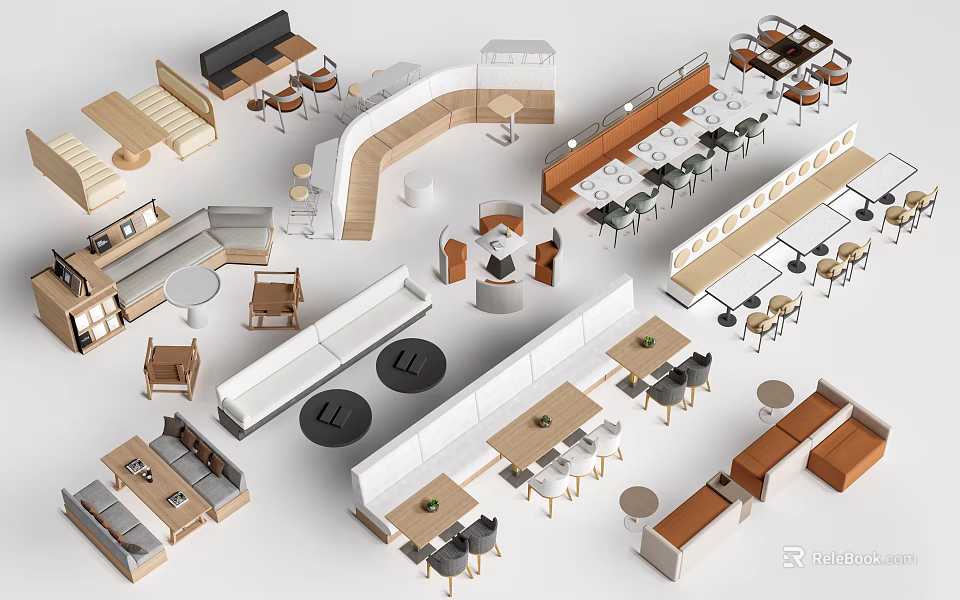 Modern Booth Sofa Interior Designs With Wooden Frames And Dining Tables 3d model 
