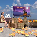 Halloween Art Installation Featuring Pumpkin Lanterns Hay Bales Spider Web Wooden Boat And Fallen Leaves