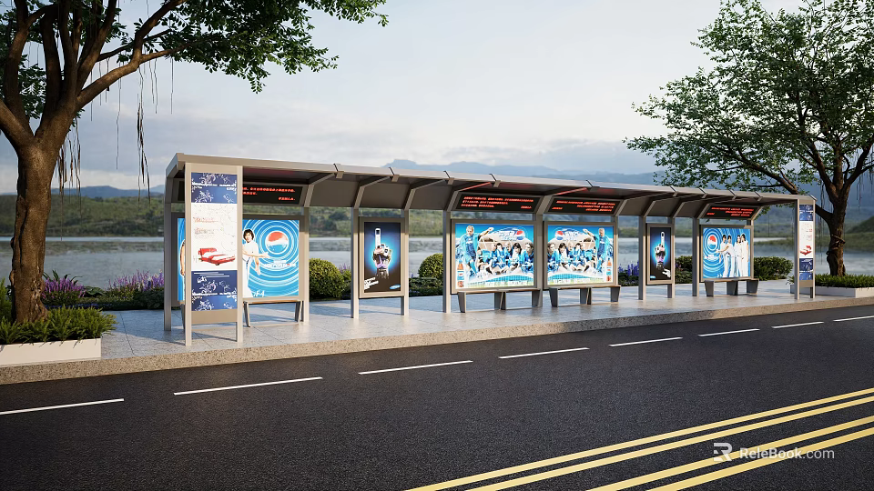 Modern Bus Stop Shelter With Advertising Boards Near Waterfront And Trees Along Road 3d model 