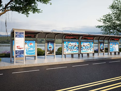 Modern Bus Stop Shelter With Advertising Boards Near Waterfront And Trees Along Road 3d model