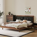 Modern Double Bed With Upholstered Headboard Wooden Frame Bedside Tables Area Rug And Wall Art