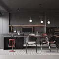 Modern Restaurant Kitchen Interior Featuring Black Cabinets Island Pendant Lights Chairs And Wine Rack