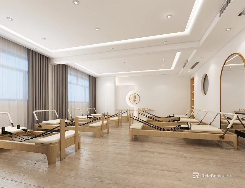 Bright Modern Pilates Studio With Reformer Equipment And Large Windows 3d model