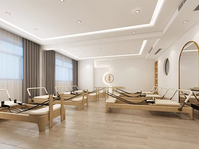 Bright Modern Pilates Studio With Reformer Equipment And Large Windows 3d model