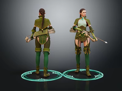 Two Female Characters in Green Armor with Bow Arrow Quiver and Glowing Green Aura 3d model