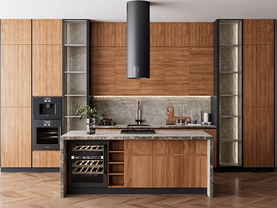 Modern Kitchen Interior With Wooden Cabinetry Island And Marble Details 3d model