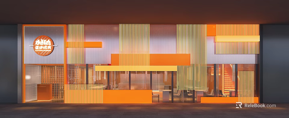 Modern Restaurant Interior With Orange Striped Decor And Open Seating Area 3d model