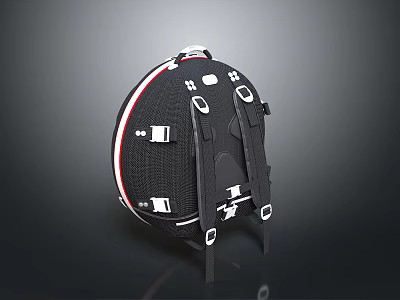 Black Round Daily Use Backpack With White Red Accents Multiple Straps And Secure Buckles 3d model