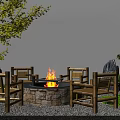 Wooden Outdoor Chairs Around Stone Fire Pit With Green Trees And Gravel Ground