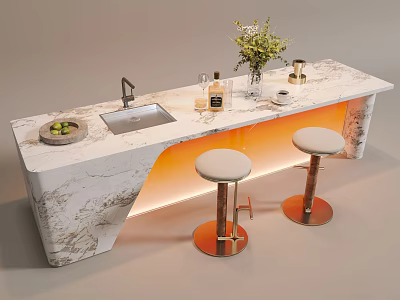 Modern Home Bar Counter With Marble Surface Illuminated Base Brass Stools And Decorative Items 3d model