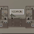 Traditional Chinese Interior With Wooden Shelves Calligraphy Art And Decor Items