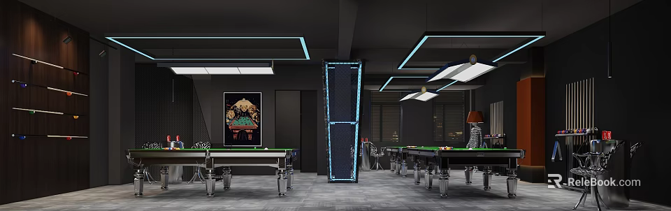 Modern Billiard Room With Multiple Pool Tables Black Walls Blue Ceiling Strips And Decorative Art 3d model