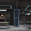 Modern Billiard Room With Multiple Pool Tables Black Walls Blue Ceiling Strips And Decorative Art 3d model