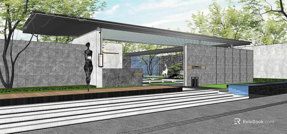 Modern Gray Stone Building Exterior Wall With Green Plants And Canopy Entrance 3d model 