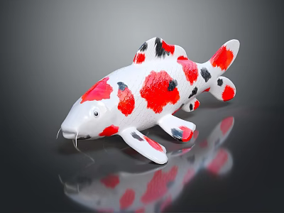 Vibrant Red White And Black Spotted Koi Fish On Reflective Dark Background 3d model