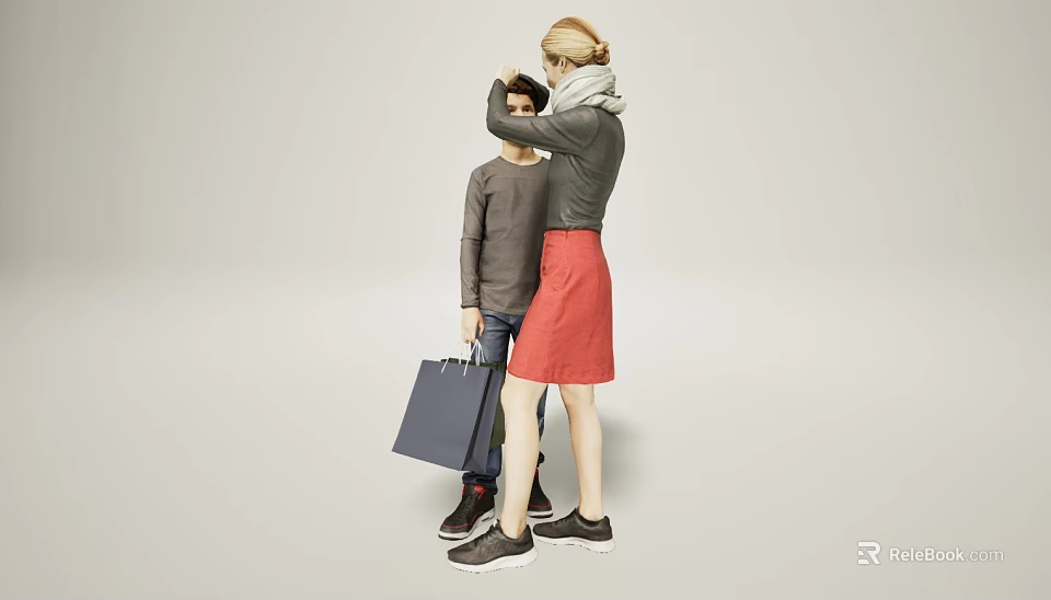 Two People Adjusting Hair And Holding Shopping Bags In Light Background 3d model 