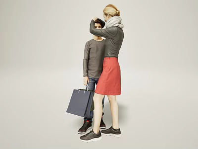 Two People Adjusting Hair And Holding Shopping Bags In Light Background 3d model
